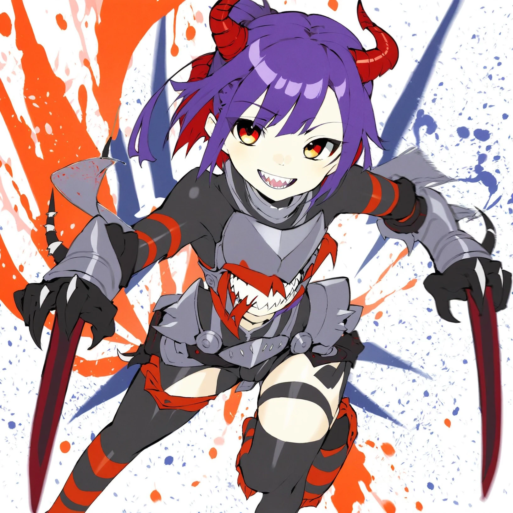 <lora:Atsushi_Ohkubo_Style-000007:1>, by Atsushi Ohkubo, a demon girl, paint splatter background, claws, sharp teeth smile, short purple hair, in revealing armor, (best quality:1.3)
