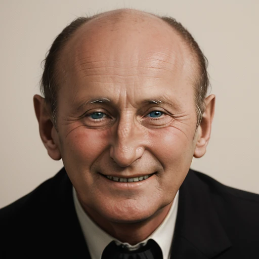 1boy, man, solo,( bourvil:1.2), looking at the viewer, focus on face, portrait, old, bald, smiling, teeth, simple background, formal, <lora:Bourvil:1>