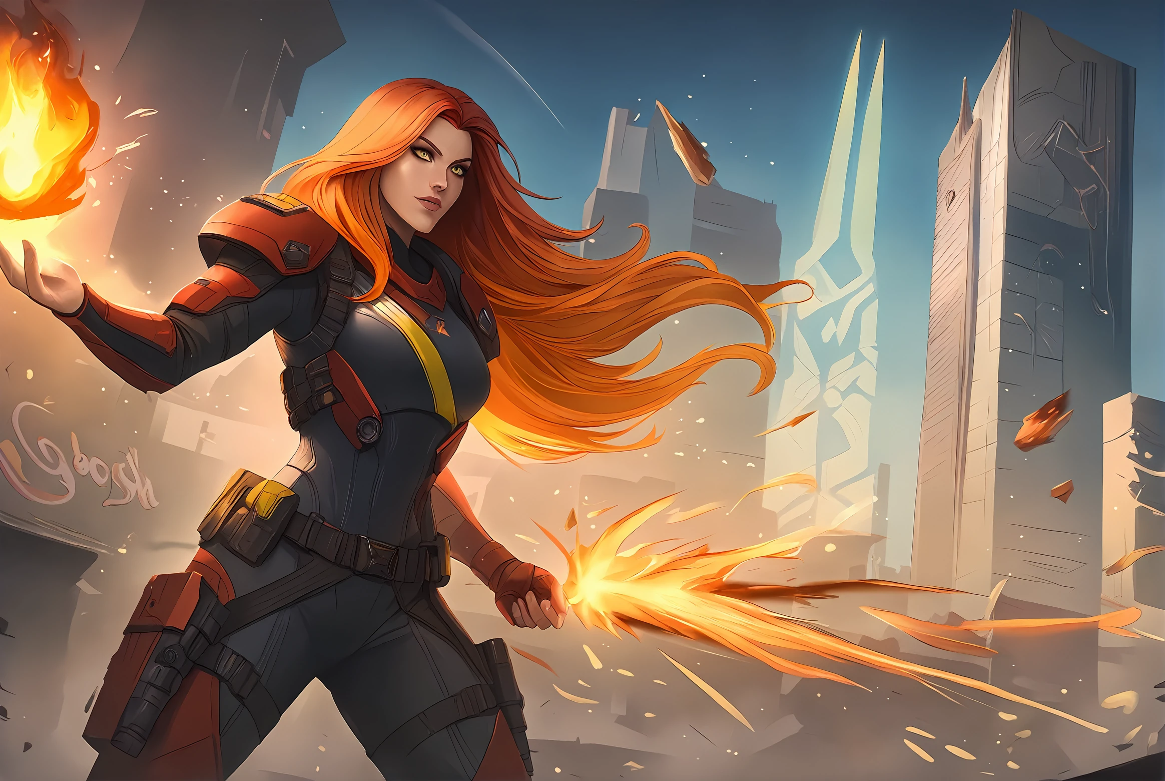 score_9,
<lora:leaguesplash_v1_pruned:0.95>, 
1girl, fire, magic, science fiction, explosion, graffiti, city, night, neon, tactical clothes, yellow eyes, 
long hair, gradient hair, red hair, orange hair,
high resolution, Masterpiece