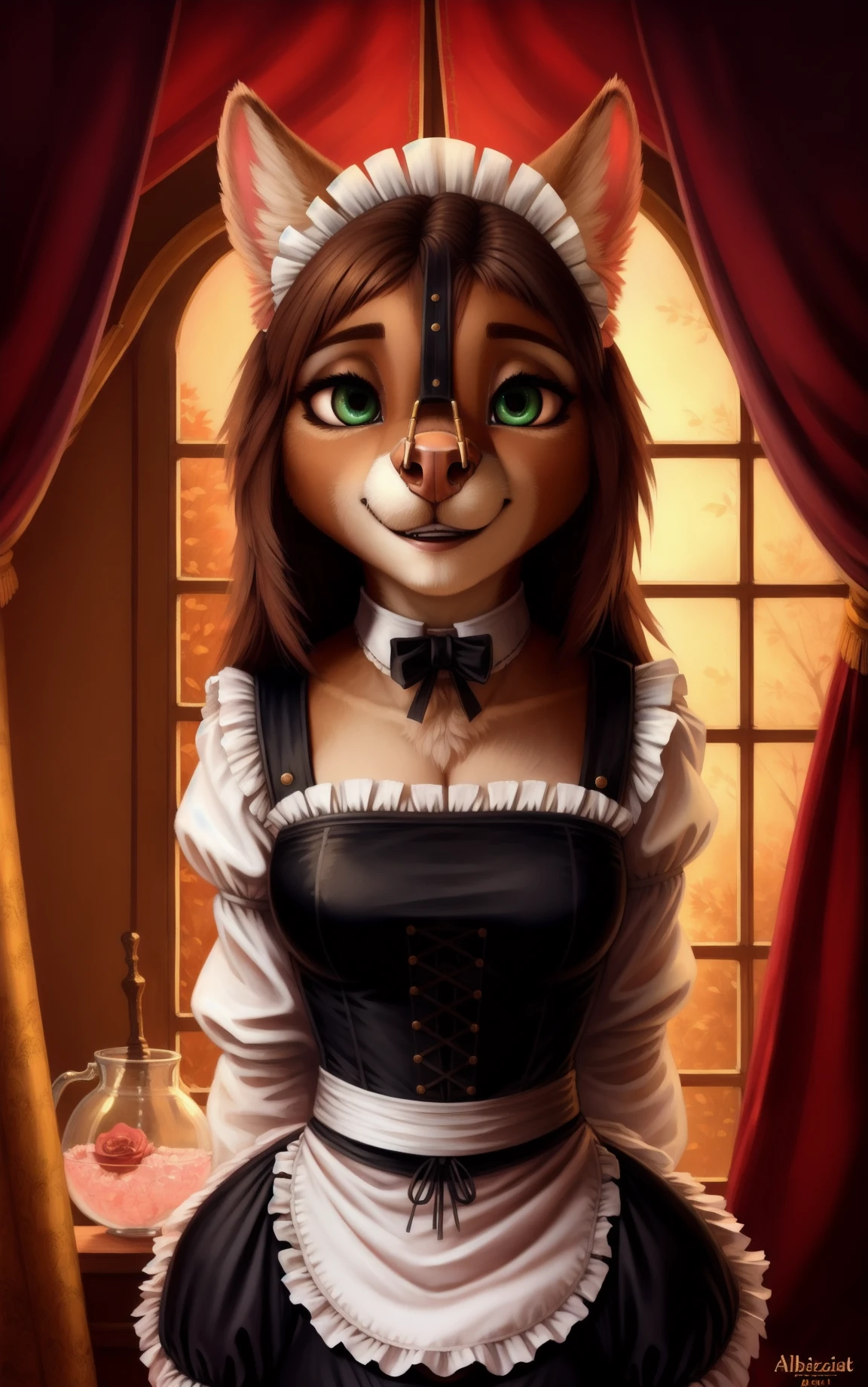 1girl, solo, anthro, female, nose_hook, sexy, suggestive, girl, brunette, maid, happy, french maid outfit, countryside mansion at night, cleaning, trending artwork by Albert Bierstadt, realistic, high detail, beautiful, 4k, artstation, soft vibrant colors, finely tuned detail, fully dressed, flowing robe, detailed face, green eyes, realistic and brown face, big eyes, grinning at camera, staring at the camera, beautiful eyes, detailed lips, portrait <lora:nose_hook_Yiffy36_v1:0.8>