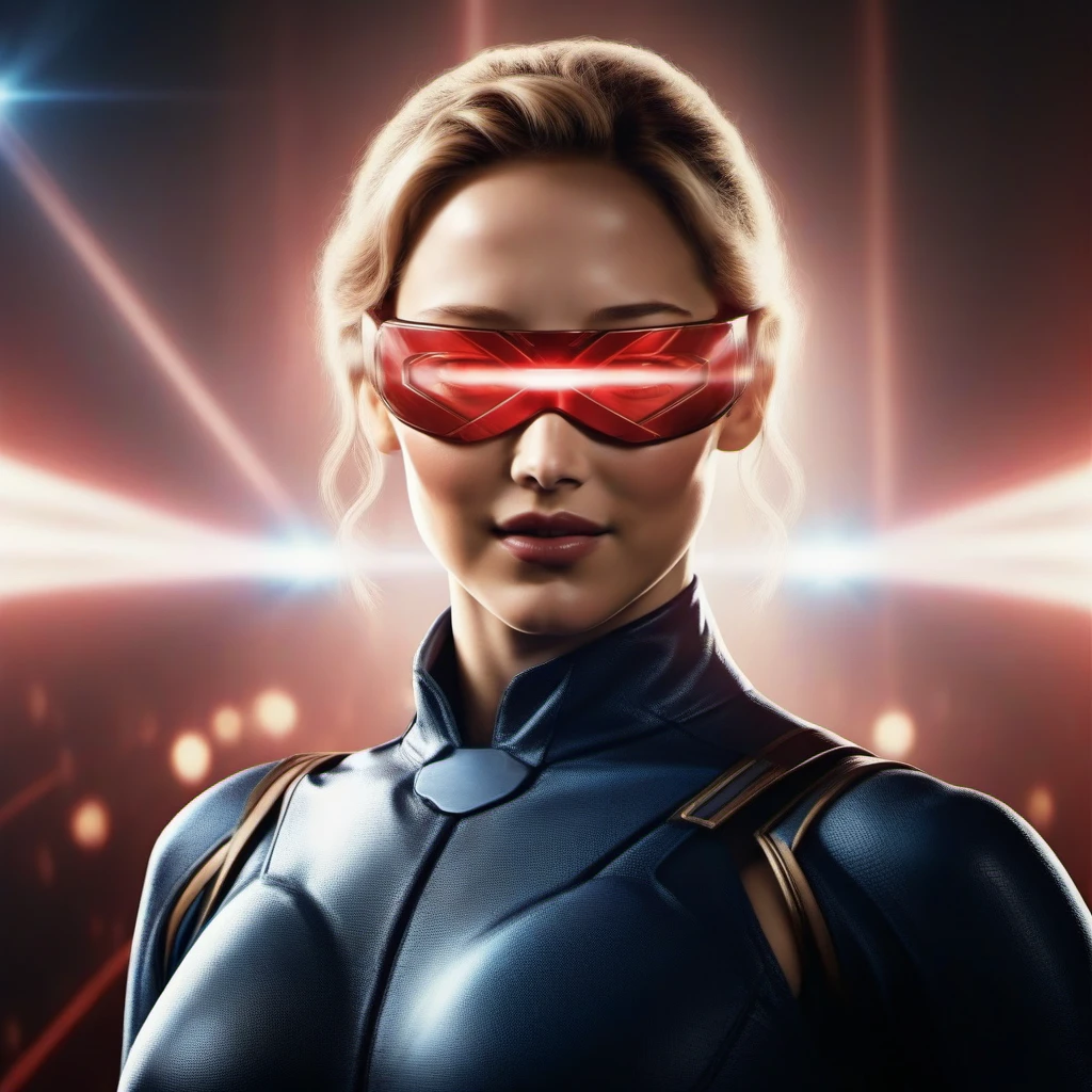 cinematic photo Jennifer Lawrence is cyclops, laser beam eyes, smiles, red carpet  <lora:Cyclops1024:0.8> . 35mm photograph, film, bokeh, professional, 4k, highly detailed