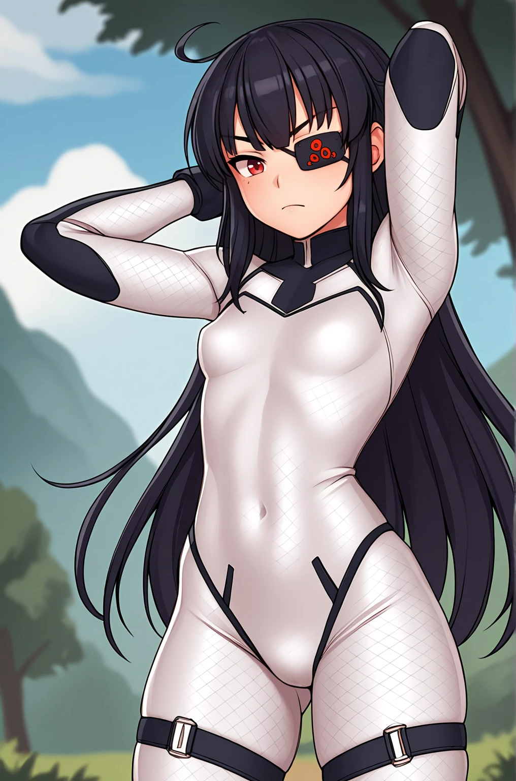 anime artwork, score_9, score_8_up, score_7_up, score_6_up, score_5_up, score_4_up, source_anime, BREAK, thick outline, fat outline,
Mirai_XL, long black hair, eyepatch, red eye, small breasts, BREAK, Sequin Bodysuit, BREAK, outdoors, posing,
<lora:Mirai_XL:0.7>
<lora:PersonalAmi_PonyXL:1.0>