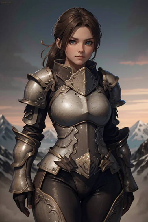 a cute woman with sexy warrior dress, fantasy medieval warrior woman, beautiful detailed eyes, beautiful detailed lips, extremely detailed face and portrait, long eyelashes, intricate armor, leather armor, metal armor, detailed fabric textures, flowing hair, epic fantasy scene, fantasy landscape, detailed foliage, sunlight rays, dramatic lighting, epic cinematic, vibrant colors, highly detailed, 8k, photorealistic, masterpiece