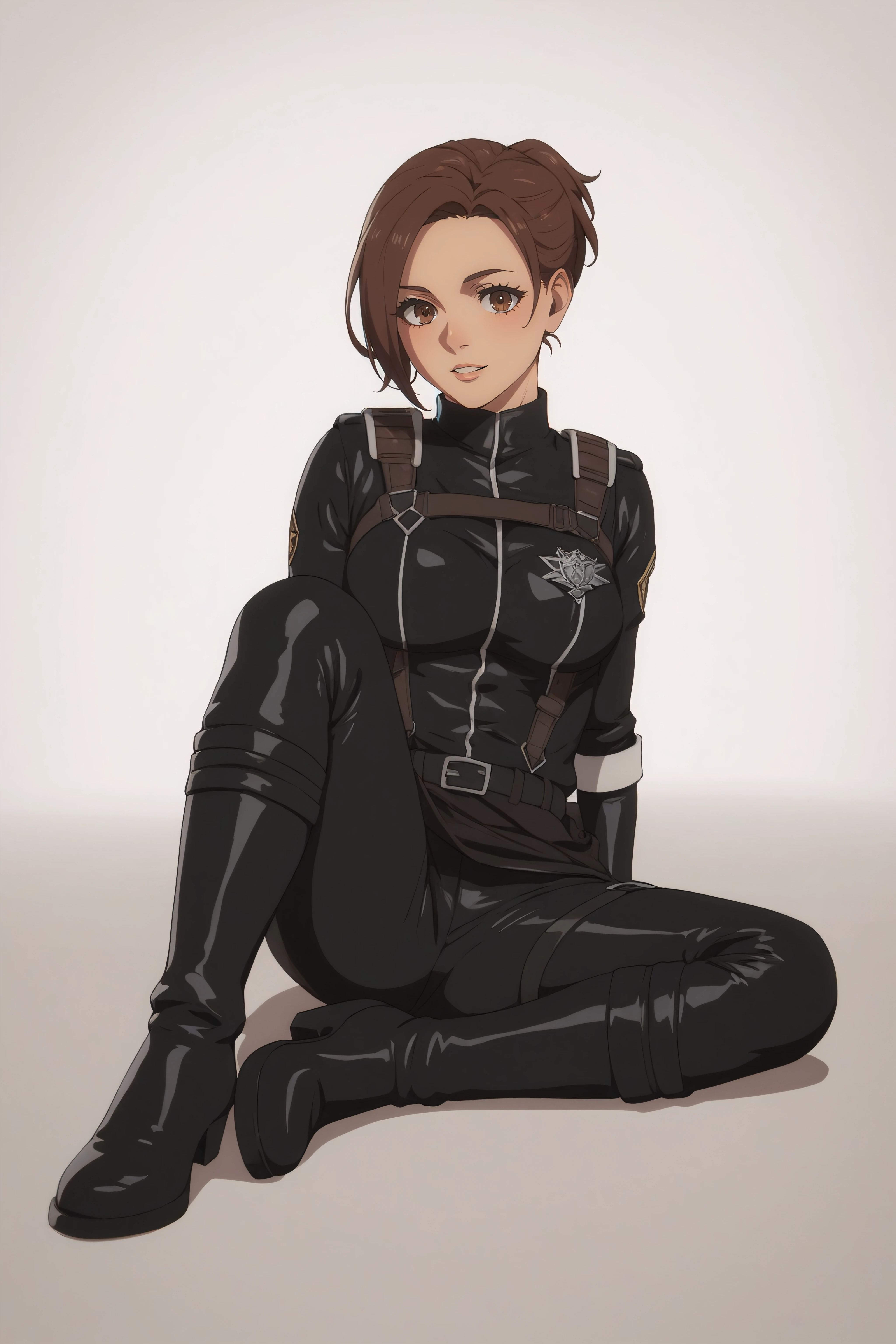 score_9, score_8_up, score_7_up, BREAK source_anime, <lora:Sasha Blouse-PonyXL-lora-Faxtron:0.8> sasha blouse, brown eyes, brown hair, short ponytail, medium breasts, black paradis military uniform, black pants, boots,