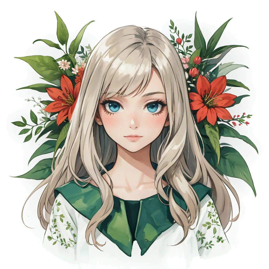 1girl, watercolor style, long hair, abstract, flowers , leaf, whitework