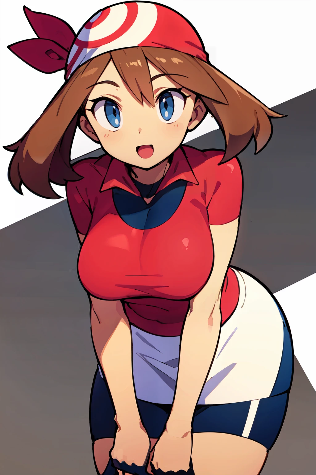 ((Girl having intense vaginal sex with man:1.3)), One girl, 22 years old, May Pokemon, red bandana, Brown Hair, short hair, Blue eyes, Big Breasts, Chest cleavage, Bounce, Thighs, indoor, 32K,Super detailed,Ultra-detailed, The perfect Mei, Red clothes,Navy blue leggings under a short white skirt, Mei's outfit, whole body, , {{A Pokemon trainer sees May passing by and has Metamon transform into an adult May and engage in intense vaginal sex with her.}}, NSFW