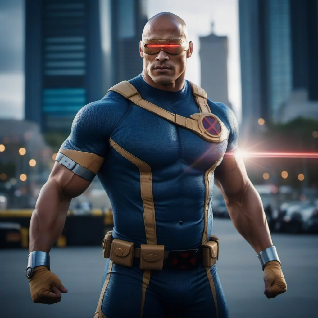 cinematic photo a bald Dwayne âThe Rockâ Johnson is cyclops, laser beam eyes, city background  <lora:Cyclops1024:0.8> . 35mm photograph, film, bokeh, professional, 4k, highly detailed