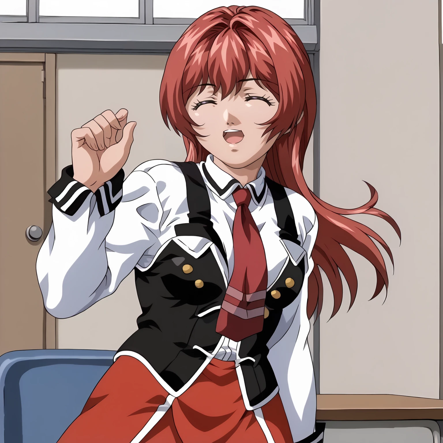 <lora:HirokoTakashiro12YAXLpony004>,smile,open mouth,closed eyes,
solo,
HirokoTakashiro12YA,1girl,red hair,mallet hair,purple eyes,
school uniform,white shirt,strap,vest,red tie,
red skirt,