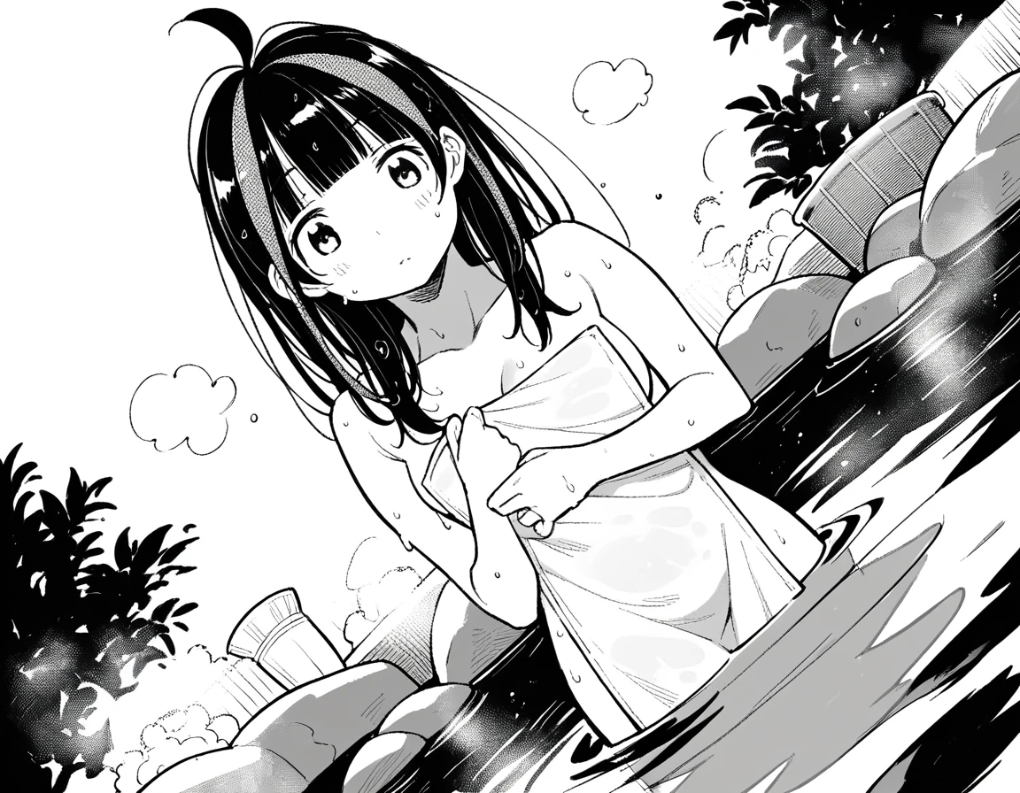 score_9, score_8_up, score_7_up, source_anime,
miniyaemori, <lora:mini-yaemori-manga-ponyxl-lora-nochekaiser:1>,
mini yaemori, long hair, bangs, black hair, blunt bangs, streaked hair, ahoge, greyscale, monochrome,
nude, naked,
outdoors, onsen, towel, naked towel, steam, bathing, nude cover, partially submerged, water, bath, steam censor, wet towel,
looking at viewer, dutch angle, cowboy shot, solo,