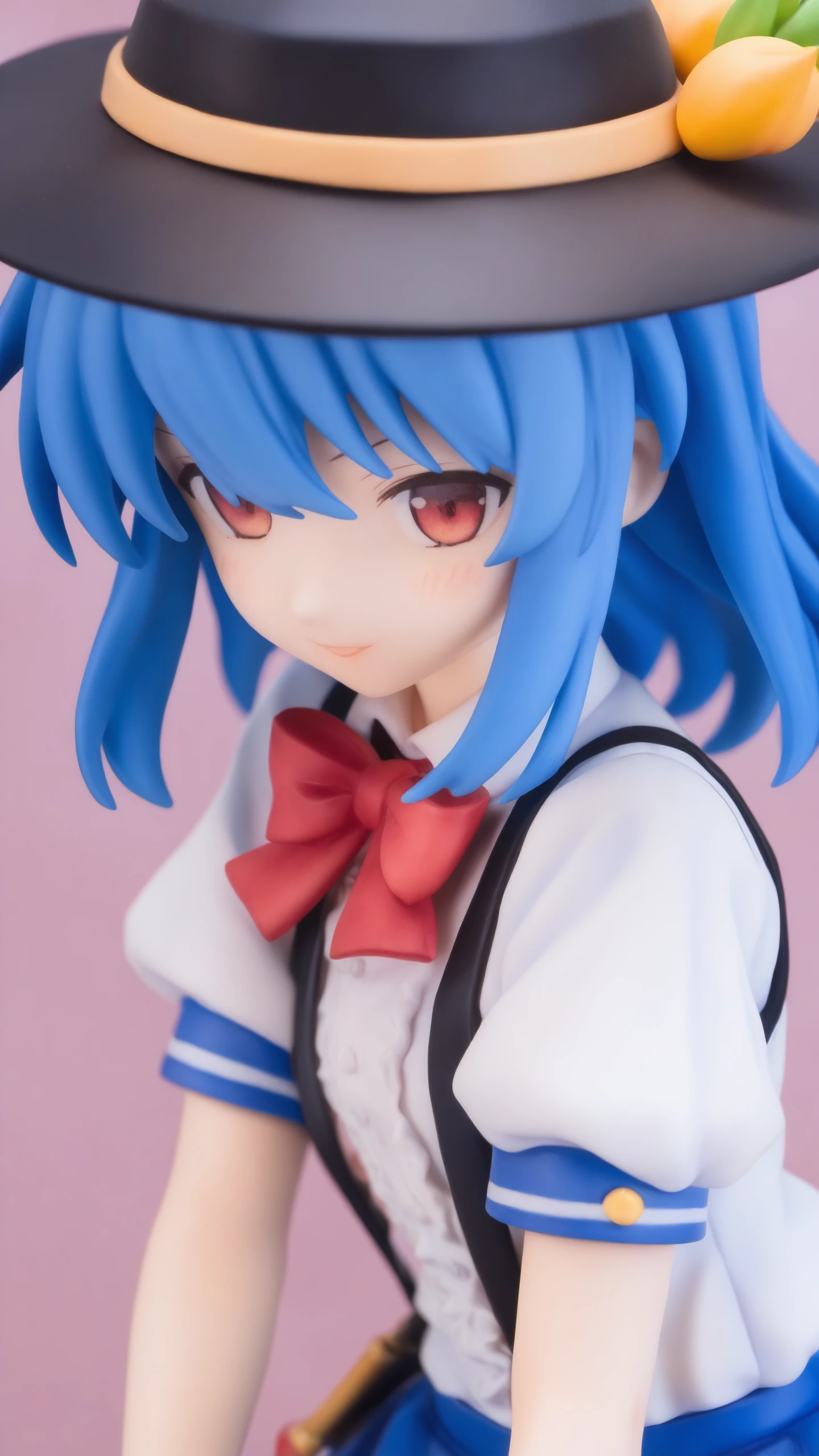 (score_9,score_8_up,score_7_up),source_anime,
<lora:Touhou_pony:1>,1girl, hinanawi_tenshi, touhou, white_shirt, peach_hat_ornament, black_hat, blue_skirt, red_bowtie, puffy_short_sleeves, collared_shirt, center_frills,upper_body,
