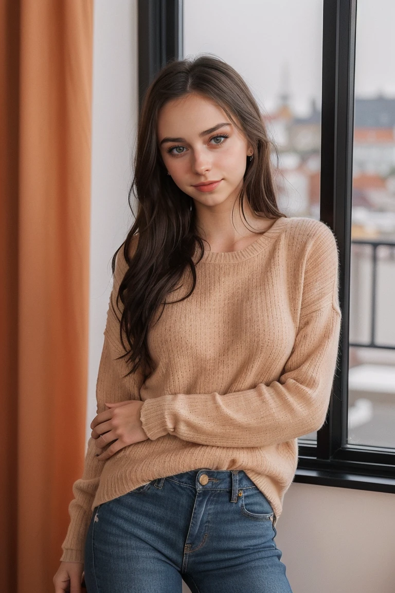 professional photo of a 0ER0_Katelyn_Elizabeth woman, wearing sweater and jeans, orange background,  beautiful, bokeh, film grain, RAW photo, 8k UHD, soft lighting, high quality, film grain, Fujifilm XT3, 16mm, color graded portra 400 film, remarkable color, remarkable detailed pupils