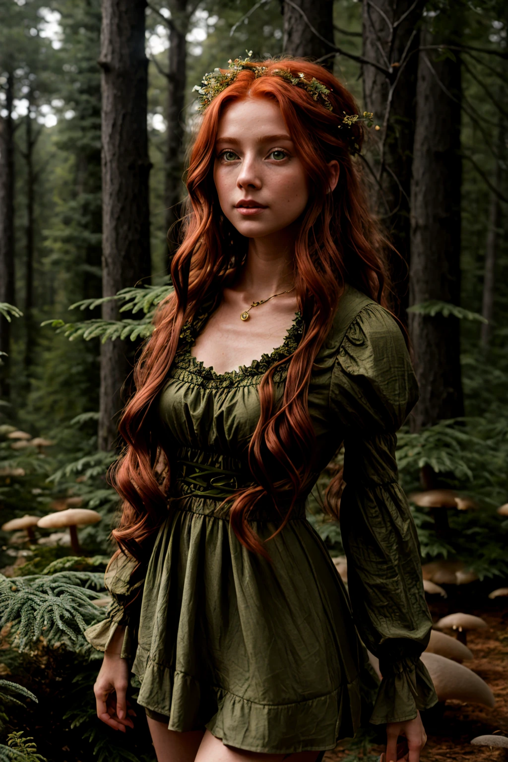 masterpiece, highly detailed 8k, best quality, volumetric lighting, volumetric lighting, intricate, Redhead absurdly long hair young woman in Olive Green rfdrss, Jubilant, Light Green eyes, Mystical Glowing Mushrooms in Forests background <lora:ruffled dress v4.2:1>