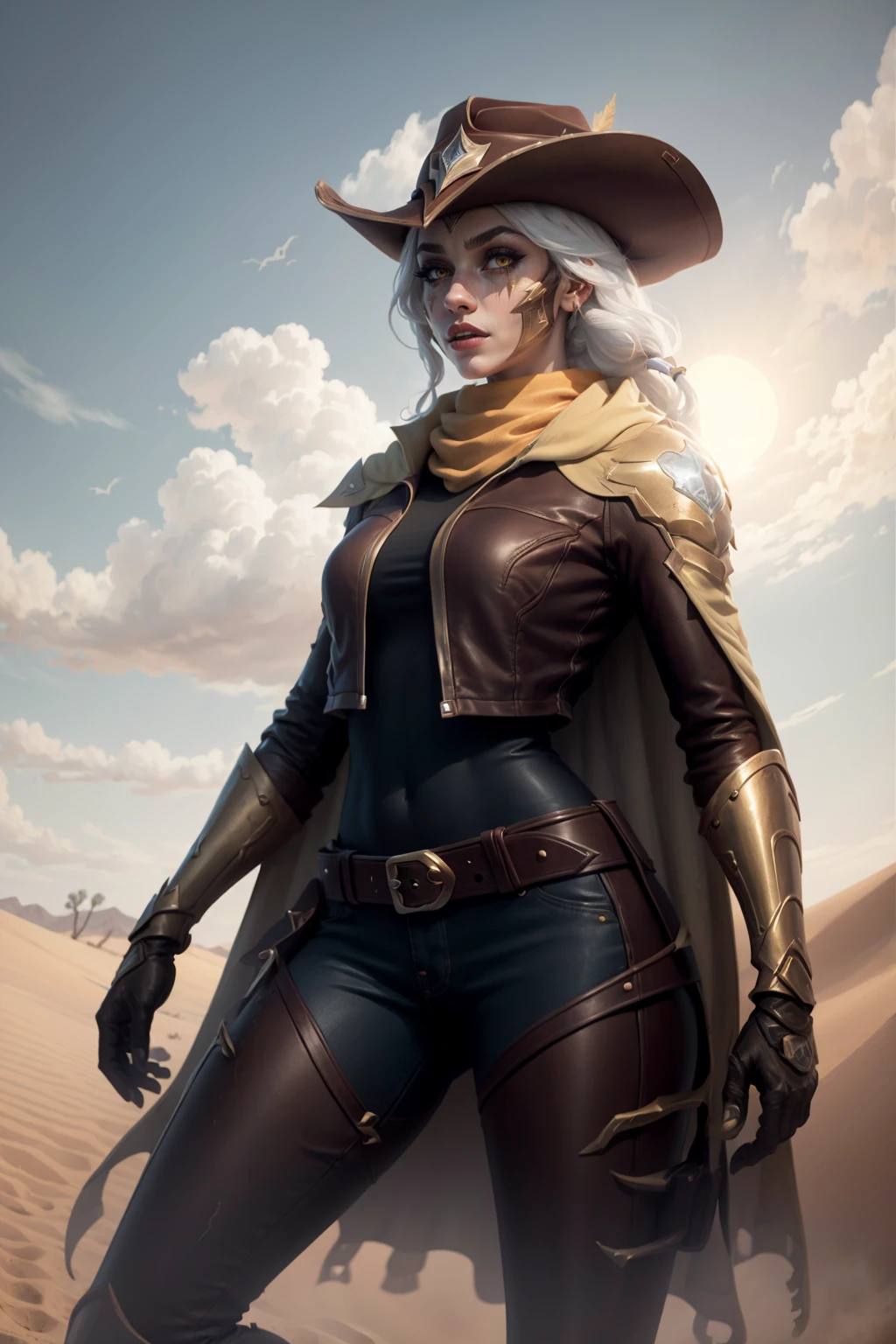 masterpiece, best quality, 
1girl, hnashe, white hair, long hair, yellow eyes, makeup, lipstick, belt buckle, boots, gloves, brown jacket, cape, cowboy hat,
solo, standing, contrapposto, blue sky, sun, dune, sand, desert background  <lora:HighnoonAshe:1>