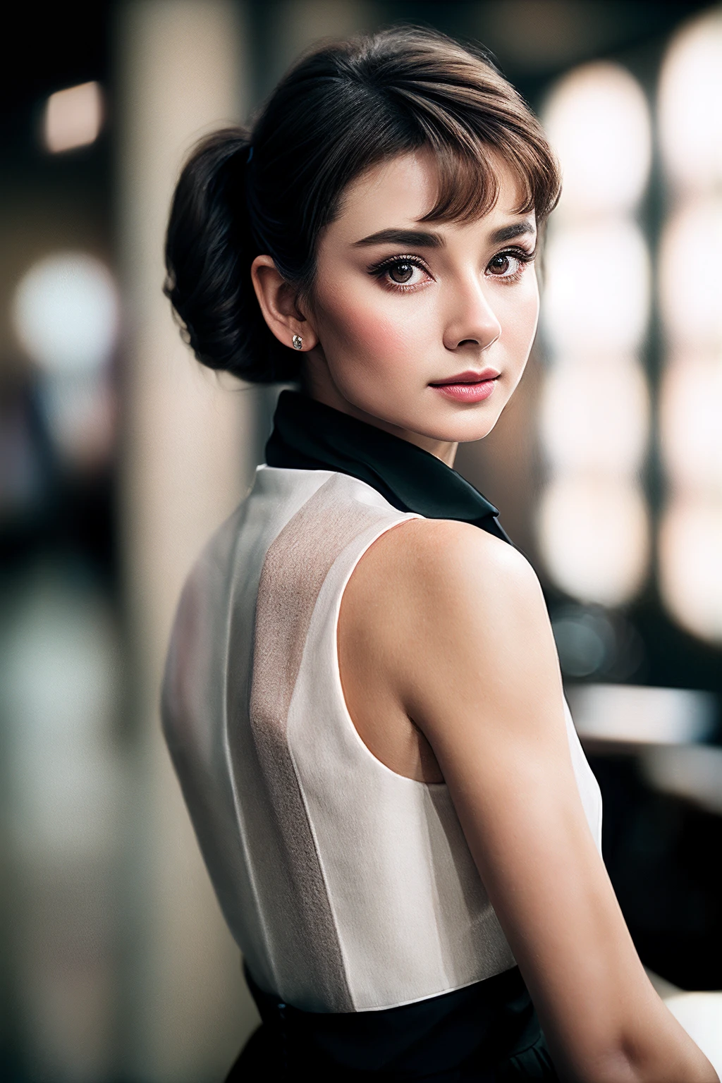 AudreyH_SoloTI_v1, PA7_Portrait-MCU,
(Fitted black blazer over a crisp white button-up shirt, paired with tailored trousers and a statement watch, sleek hair styled into a sharp side part), (Corporate office bustling with busy professionals, the hum of printers and chatter of meetings, sunlight filtering through floor-to-ceiling windows, the aroma of freshly brewed coffee lingering in the air: 1.3), (seductive:1.3),photorealistic, masterpiece, high quality, artistic, unique, award winning photograph, professional, 8k, RAW photo, best quality,flattering,
(seductive:1.3),(analog, cinematic, film grain, hazy atmosphere, cinematic shot:1.3), 
<lora:add_detail:0.6>,<lora:LowRa:0>