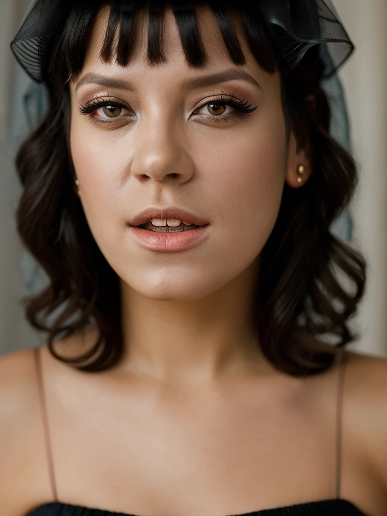 Realistic photo of a beautiful l1ly4 woman,1girl, solo, short hair, black hair, brown eyes, jewelry, earrings, parted lips, teeth, lips, makeup, traditional media, lipstick, portrait, veil, eyeshadow, realistic, soft lighting, professional Photography, Photorealistic, detailed, RAW, analog, sharp focus, 8k, HD, DSLR, high quality, Fujifilm XT3, film grain, award winning, masterpiece<lora:l1ly4:1.0>