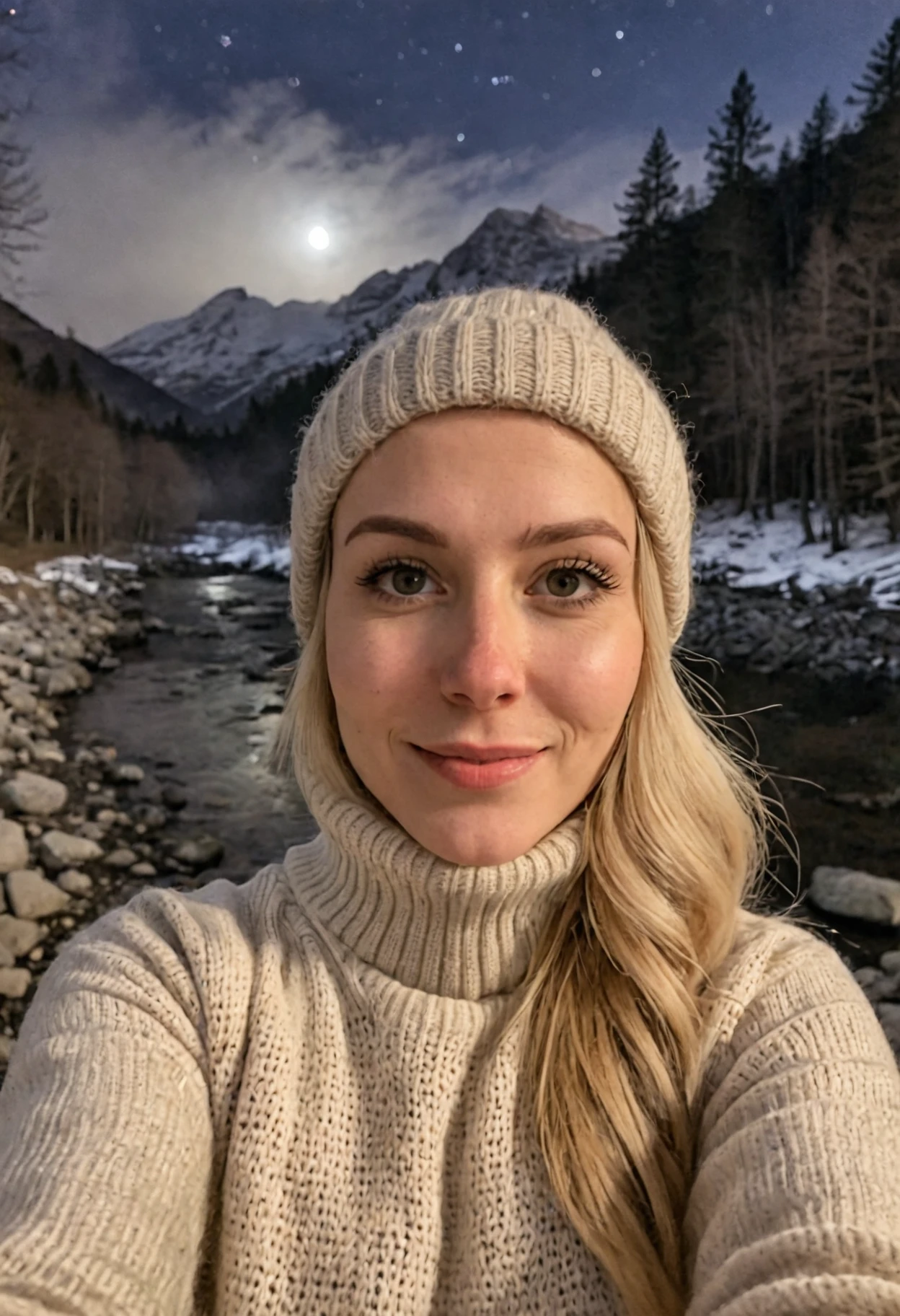 photograph, photo of woman with blonde hair, selfie, upper body, solo, wearing pullover, outdoors, (night), mountains, real life nature, stars, moon, cheerful, happy, gloves, sweater, beanie, forest, rocks, river, wood, smoke, fog, looking at viewer, skin texture, close up, RAW photo