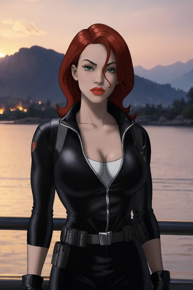 masterpiece, best quality, high quality, highres,  upper body, looking at viewer, twilight,  sunset, 
MARVEL_BlackWidow_bodysuit, www.ownwaifu.com, 
1girl, red hair, breasts, green eyes, lipstick, makeup,  jewelry,  large breasts, red lips, lips,  long hair, collarbone, eyeshadow, hair between eyes, 
 gloves, cleavage, fingerless gloves, bodysuit, black gloves, belt, holster, black pants, 
<lora:CARTOON_MARVEL_BlackWidow_UA_ownwaifu-15:0.7>