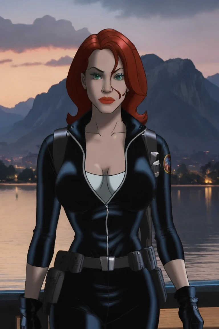 masterpiece, best quality, high quality, highres, upper body, looking at viewer, twilight, sunset,
MARVEL_BlackWidow_bodysuit, www.ownwaifu.com,
1girl, red hair, breasts, green eyes, lipstick, makeup, jewelry, large breasts, red lips, lips, long hair, collarbone, eyeshadow, hair between eyes,
gloves, cleavage, fingerless gloves, bodysuit, black gloves, belt, holster, black pants,
<lora:CARTOON_MARVEL_BlackWidow_UA_ownwaifu-15:0.9>
