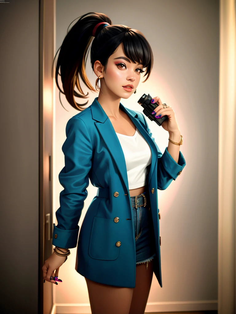 Realistic photo of a beautiful l1ly4 woman,1girl, solo, long hair, looking at viewer, bangs, brown hair, black hair, brown eyes, jewelry, standing, jacket, ponytail, cowboy shot, earrings, nail polish, mole, bracelet, lips, coat, fingernails, makeup, ring, high ponytail, fishnets, hoop earrings, realistic, fashion, soft lighting, professional Photography, Photorealistic, detailed, RAW, analog, sharp focus, 8k, HD, DSLR, high quality, Fujifilm XT3, film grain, award winning, masterpiece<lora:l1ly4:1.0>