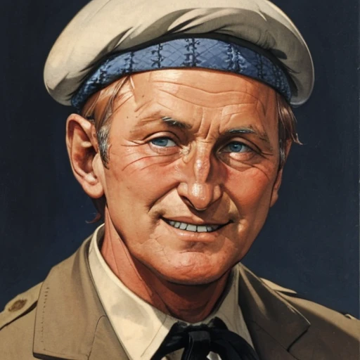 1boy, man, solo,( bourvil:1.2), looking at the viewer, focus on face, portrait, old, bald, smiling, teeth, ((beret)), simple background, shirt, <lora:Bourvil:1>