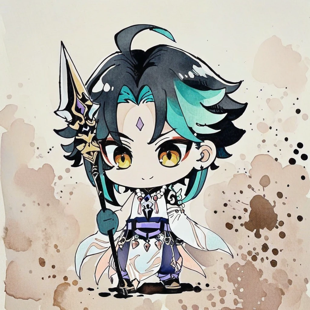 <lora:pen-drawing_A3.1_XL:1>,(pen_art_style, pen_drawing_style),(masterpiece,best quality), solo,1boy,male focus,xiao \(genshin impact\),smile,necklace,chibi,simple background,polearm,white background,jewelry,holding,gloves,green hair,multicolored hair,bead necklace,beads,weapon,tattoo,ahoge,holding polearm,parody,holding weapon,bangs,green gloves,arm tattoo,forehead mark,black hair,spear,parted bangs,full body,asymmetrical clothes,black eyes,closed mouth,standing,facial mark,single detached sleeve,meme, (ink-style_ink_wash_painting)