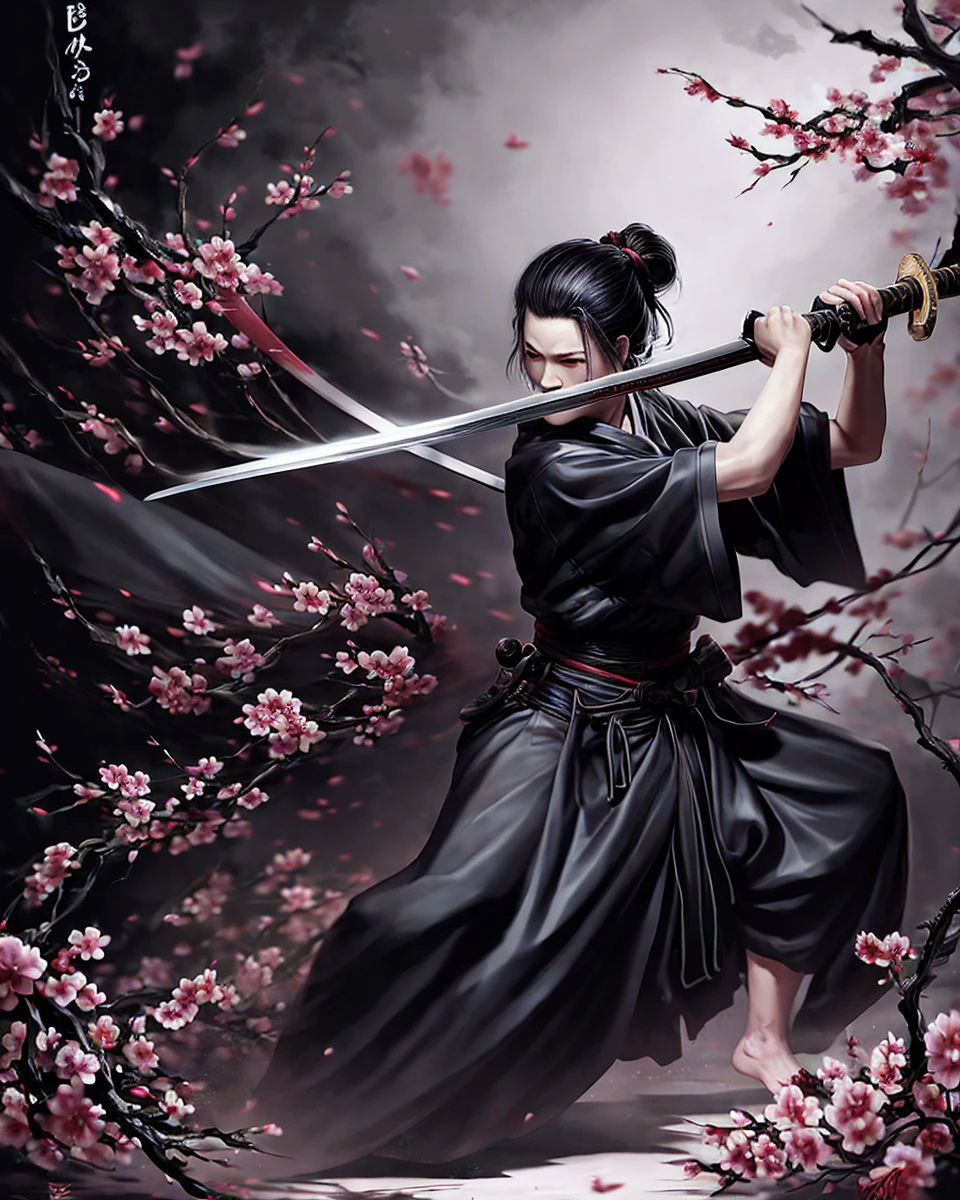 a woman holding a (katana sword), wearing a black robe with floral pattern, dynamic pose, black and white with splashes of red, samurai, sakura flowers, concept art, digital art, high quality, brush strokes, paint splashes