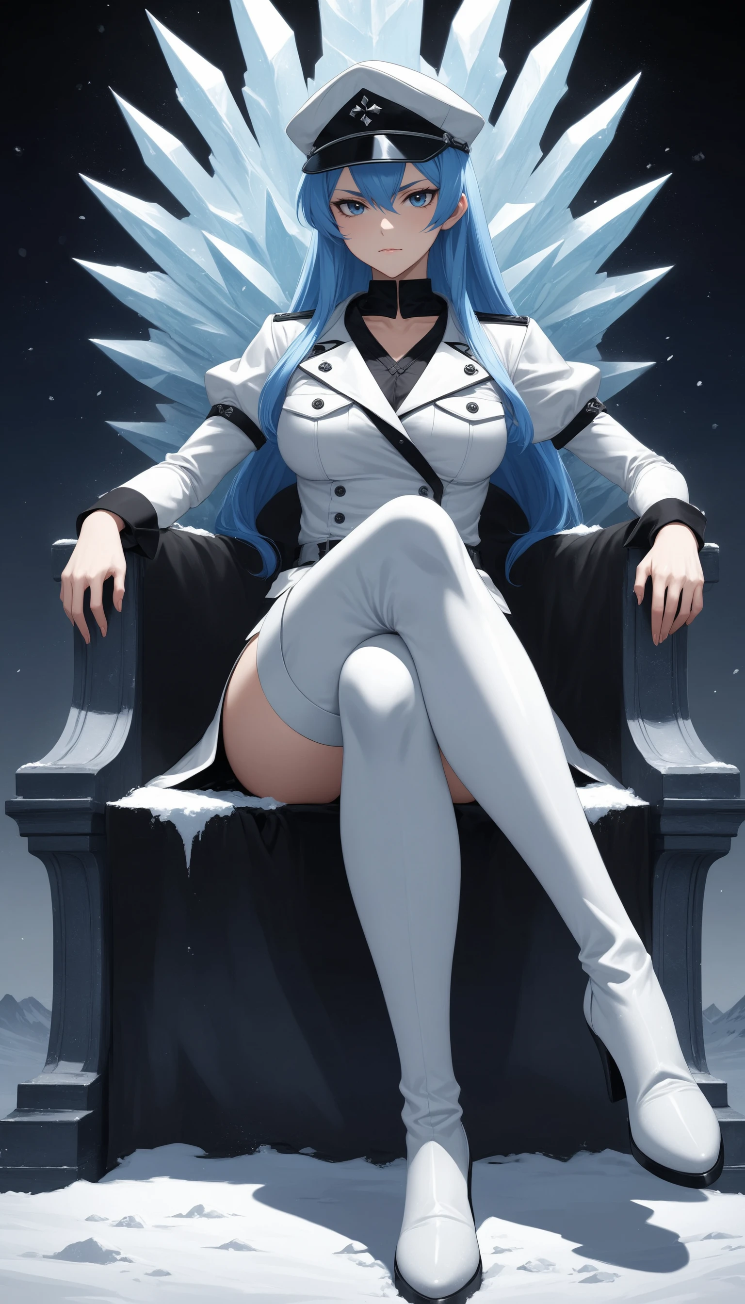(masterpiece, best quality, very aesthetic, ultra detailed), intricate details,
1girl, esdeath, akame ga kill!, blue eyes, blue hair, military uniform, hat, ice, sitting, sitting on throne, crossed legs, snow, white footwear, thigh boots,
