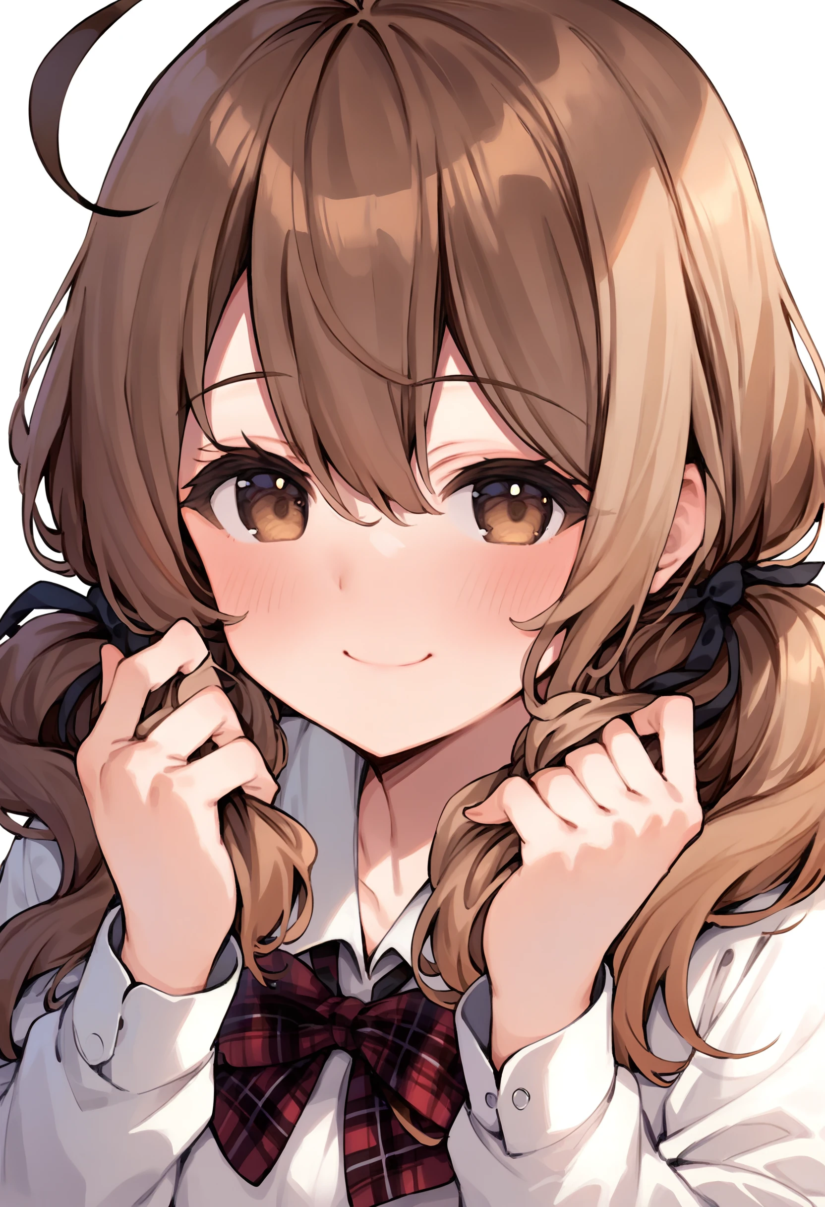 <lora:Pony_Style6559515941-000200:0.8>, score_9, score_8_up, score_7_up, score_6_up, score_5_up, score_4_up, 1girl, solo, brown hair, smile, twintails, blush, holding, upper body, holding hair, long hair, looking at viewer, ahoge, long sleeves, closed mouth, brown eyes, hair between eyes, bangs, bow, plaid, hands up