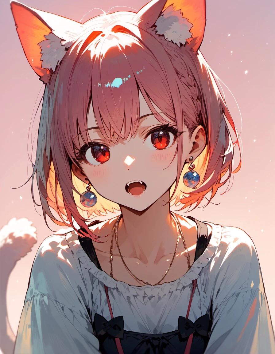 1girl,, animal ears, cat ears, cat tail, earrings, fangs, jewelry, looking at viewer, open mouth, pink hair, pink background, red eyes, solo, tail