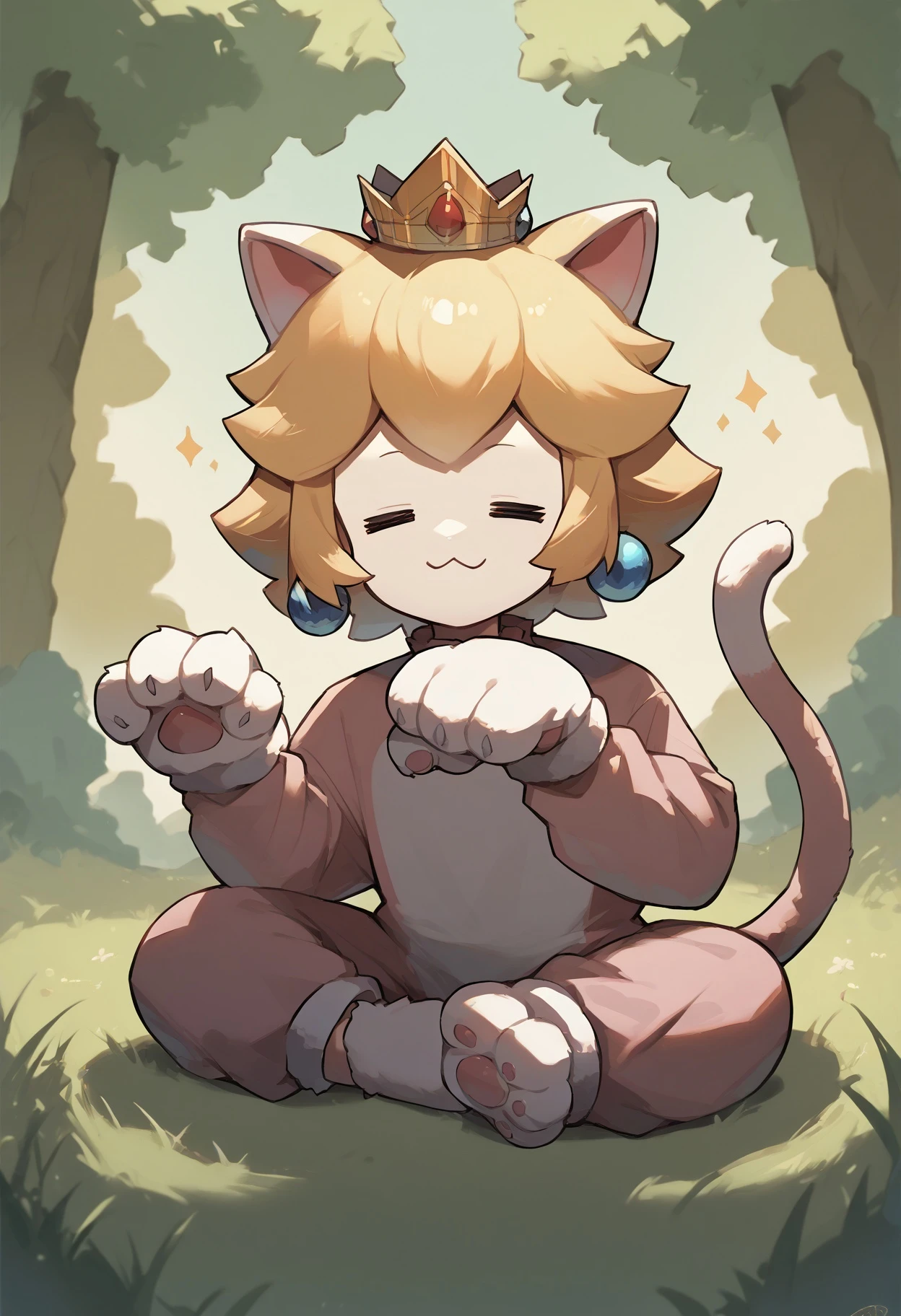 score_9, score_8_up,score_7_up,score_6_up, source_anime,
BREAK
outdoors,grass,forest,
BREAK
IncrsPchCat, cat costume, cat tail, animal hands, long sleeves, crown, jewelry, earrings, sitting, paw pose,=w=, :3, = =, eyes closed
<lora:PrincessPeach_XLPD:1> <lora:ChamElfExpressionPonyXL:1>