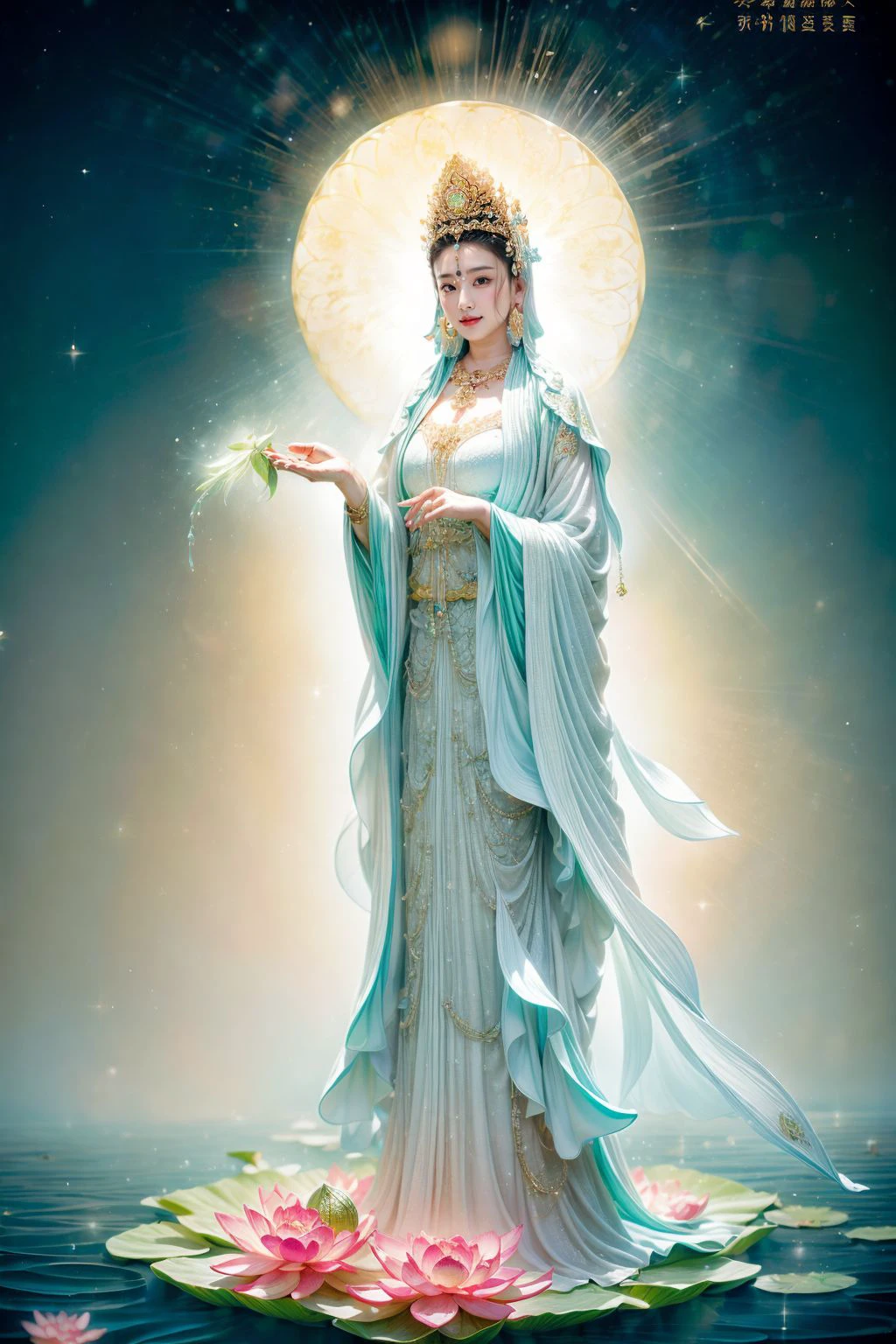 ((1girl and guanyin)),(mantra),water,standing,lotus, lily pad,jewelry,wide sleeves, chinese clothes, hanfu,shawl, hair ornament, holding flower, earrings, crown,<lora:add_detail:2>,<lora:yuzu2:0.7>, <lora:bguanyinv1:0.787>,(rim lighting,:1.4) two tone lighting, sharp focus, teal hue, octane, unreal, dimly lit, low key, <lora:epi_noiseoffset2:0.5>,