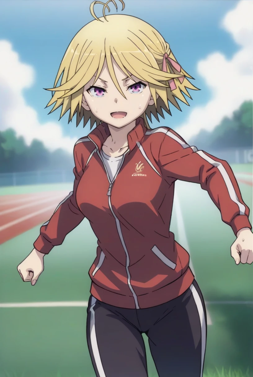 score_9, score_8_up, source_anime  BREAK solo, cowboy shot, looking at viewer,
<lora:MiraPdxlDwnsty-000008:1>, mira yamana, purple eyes, blonde hair, ahoge, hair ribbon, bow, white shirt, track jacket, red jacket, track pants, sweat, sweatdrop, motion blur, 
medium breasts, light smile, open mouth, heavy breathing, running, 
outdoors, grass, running track, blue sky,