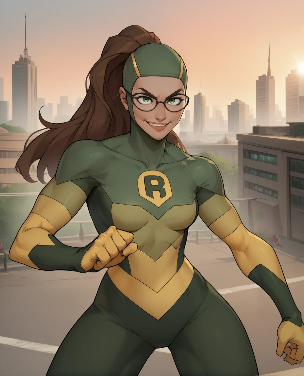 score_9,score_8_up,score_7_up,score_6_up,score_5_up,score_4_up,
shrinkingraexl,ponytail,green eyes,
green bodysuit,glasses,green bodysuit,
R,light smile,
city,morning,fighting stance,
(insanely detailed,masterpiece, , best quality),<lora:shrinkingRae:0.9>,