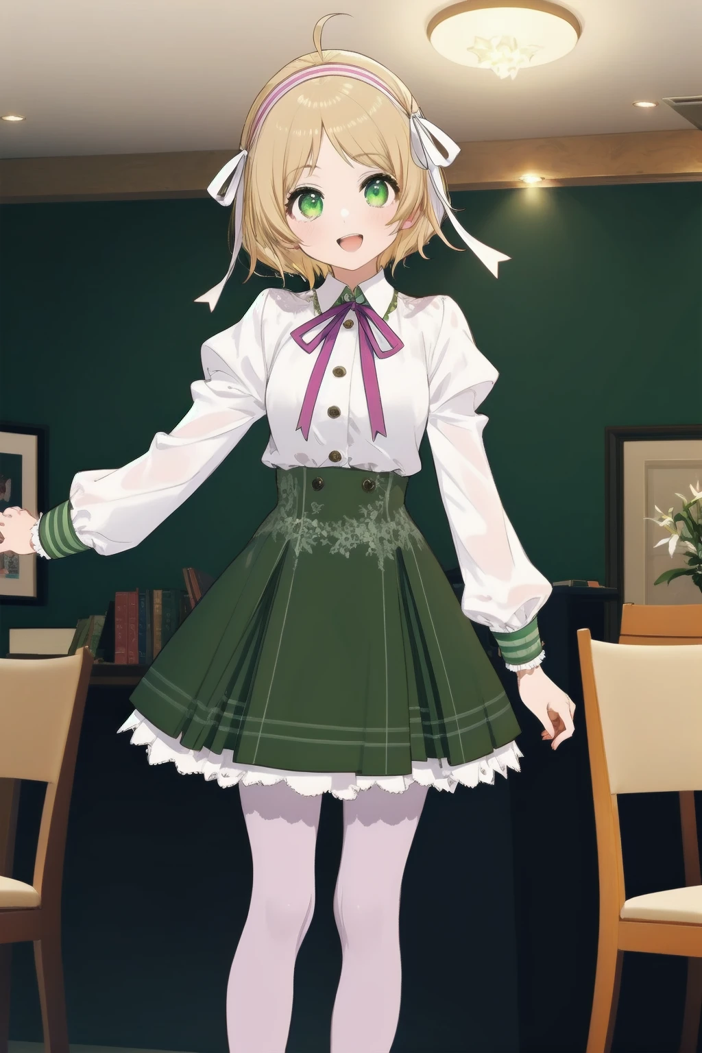 masterpiece, best quality, <lora:miiko:0.8>lyrical lily, 1girl, solo, green eyes, blonde hair, green skirt, ahoge, white shirt, looking at viewer,pink pantyhose, short hair, standing,hairband, hair ribbon, mary janes, bangs,braid,juliet sleeves, neck ribbon,