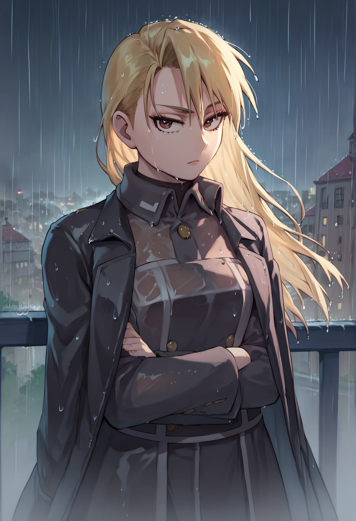 (score_9, score_8_up), score_7_up, zPDXL, Riza Hawkeye, 1girl, brown eyes, blonde hair, <lora:Riza_Hawkeye_XL_Pony:1>, black coat, long coat, looking at viewer, closed coat, rain, raining, wet, night, dark, city, victorian, expressionless, long hair, <lora:GreatM8_Style_XL_Pony_Revision:1.1>, greatm8 style