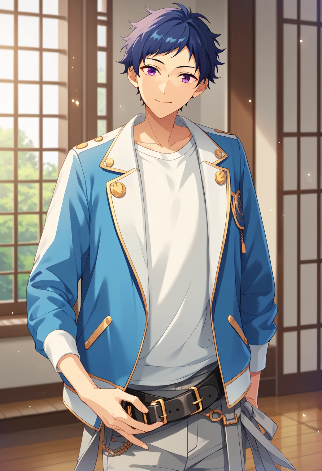 score_9_up, score_8_up, score_7_up, score_6_up, score_5_up, score_4_up, best quality, amazing quality, best aesthetic, absurdres, cute, solo,yuzuru fushimi, blue hair, purple eyes, BLUE WITH WHITE OPEN JACKET, WHITE SHIRT, BELT, GRAY PANTS<lora:EMS-358785-EMS:1.000000>