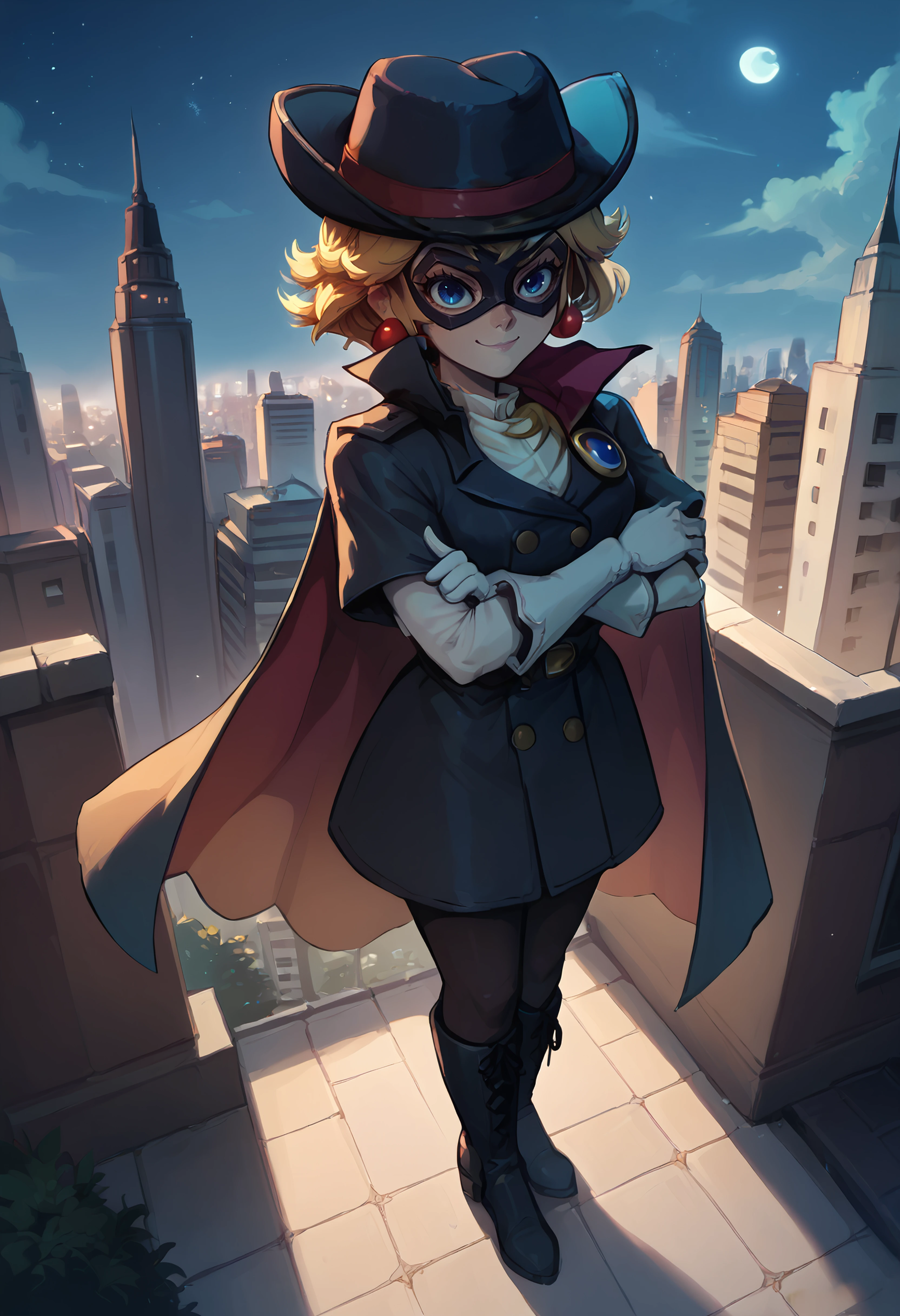 score_9, score_8_up, score_7_up, score_6_up BREAK outdoors,solo,cinematic angle,cityscape,rooftop,night,moon,IncrsPchThief, blue eyes, short hair, white gloves, hat, cape, pantyhose, mask, boots, domino mask, jewelry, earrings,smirk,standing,crossed arms,wind <lora:PrincessPeach_XLPD:1>