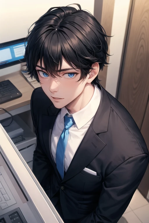 1boy,solo,male focus,black hair,blue eyes,aged up,salaryman, background office,close-up, closed mouth, (smile:0.5), from above,(mature male:1.2),