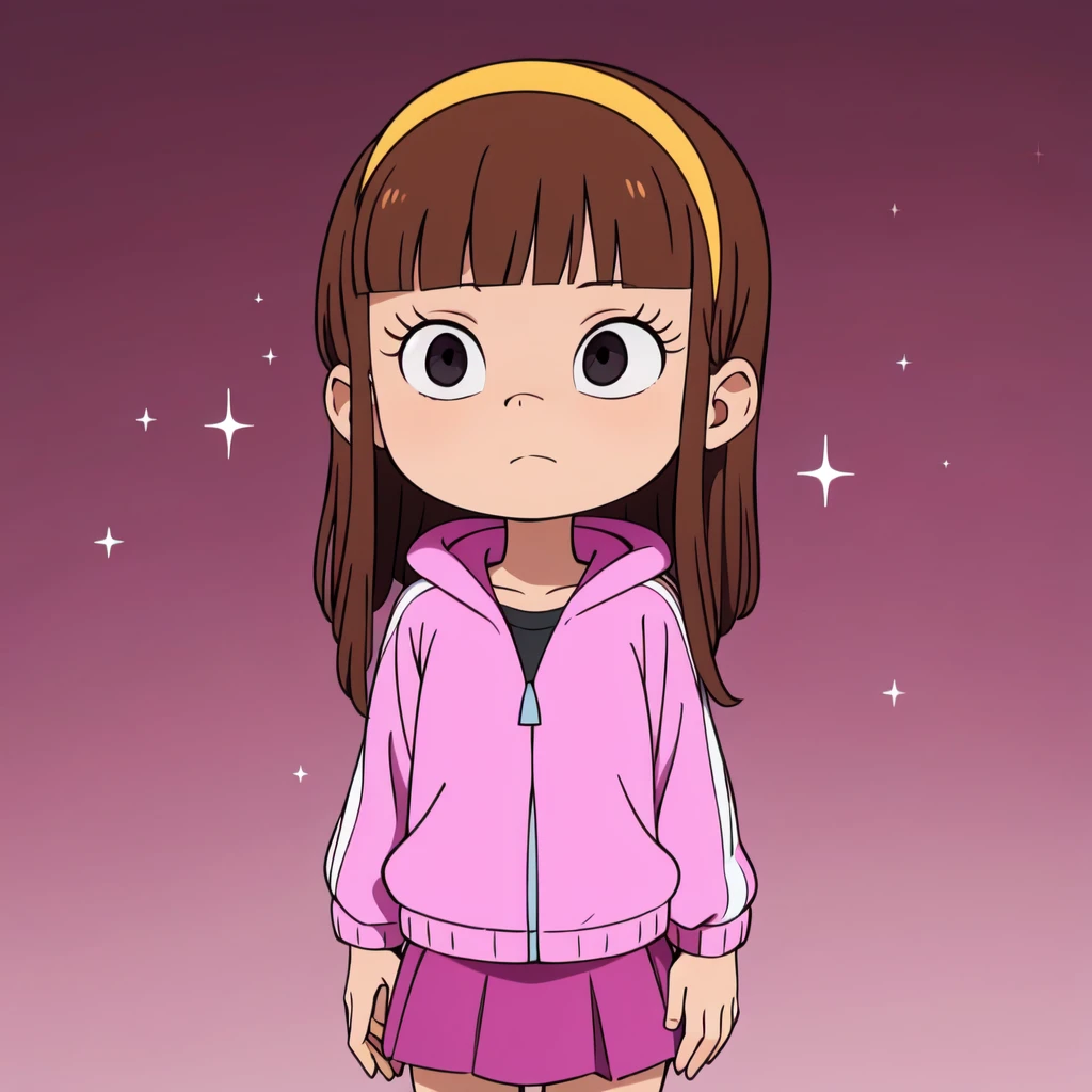 1girl, solo, Amy Anderson,  long hair, brown hair, blunt bangs, black eyes, hairband, pink jacket, magenta  skirt, brown  <lora:Amy_Anderson_Leaf2:0.6>, gradient background, sparkle,