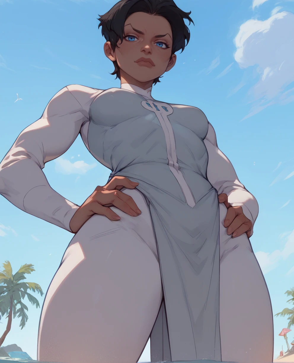 score_9,score_8_up,score_7_up,score_6_up,
anissaxl,black hair,blue eyes,short hair,from below,tan,
bodysuit,long sleeves,white pants,short pelvic curtain,hands on own hips,looking at viewer,
beach,
<lora:anissa:1>,