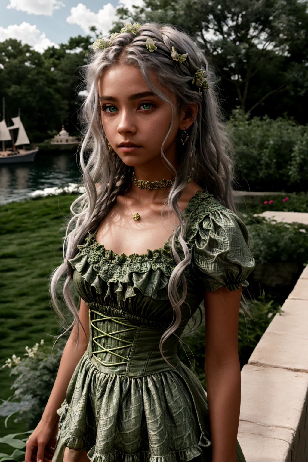 masterpiece, highly detailed 8k, best quality, volumetric lighting, volumetric lighting, intricate, Silver medium hair 1girl in Corn Green rfdrss, Perplexed, Light Green eyes, Harbors or Marinas background <lora:ruffled dress v4.9:1>