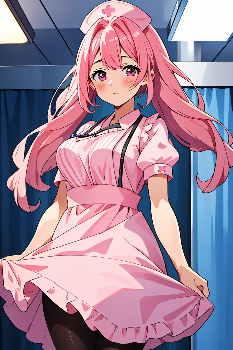 (RAW photo, best quality), (1girl), operating room, overhead surgical light,blurred background, focused,
 <lora:Akiko_Hominitsu_3D18_V1.0:0.8> akiko hoministu, 3dcg_18,pink_hair,pink_eyes,long_hair, 
 <lora:Classic Nurse Old V2:0.8> (nurse_old_style_01, apron, nurse cap, short sleeves, striped dress, puffy sleeves, vertical stripes, nurse, white apron, puffy short sleeves, pantyhose),