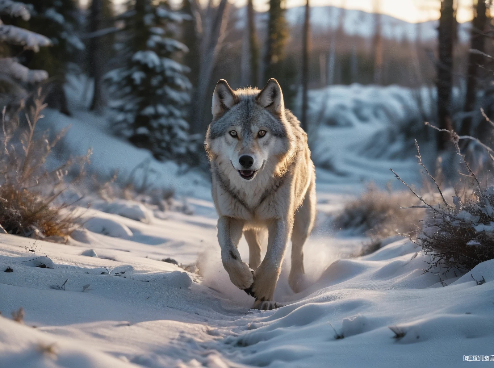 nature shot with wide shot an icy artic tundra,artic-wolf running through a snowdrift,hunting,nightfall,dimmly lit,intense gaze,tension,perfect composition,masterpiece,best quality,Outdoors,greenery,natural light,fresh,vivid contrast,vivid color,Hyperrealistic art cinematic film still photography in the style of detailed hyperrealism photoshoot