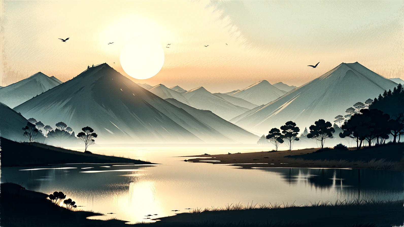 best quality,masterpiece,highly detailed,ultra-detailed, 
scenery, outdoors, temple, birds flying, lake.mountainous horizon, cloudy sky, sunset, 
 <lora:neg9V2_last:0.5>  
(minimalist:1.3) painting  by chinese ink <lora:limitedpalette_last:1.5> <lora:ChineseInkPainting_last:1> <lora:Qi Baishi:0.2>