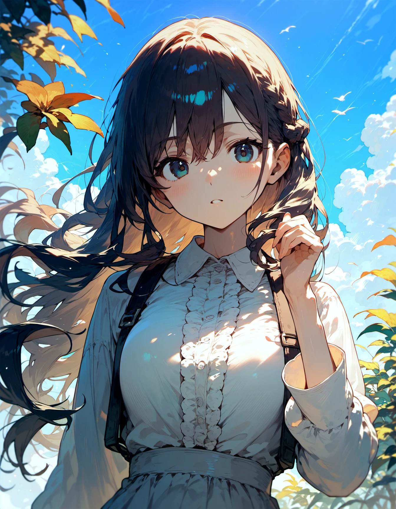 1girl,, :d, black hair, blue sky, blurry, blurry background, blush, braid, closed mouth, collared shirt, day, depth of field, green eyes, hair between eyes, hand up, jacket, long hair, long sleeves, looking at viewer, outdoors, pleated skirt, shirt, skirt, sky, smile, solo, upper body, wavy hair, white shirt, white skirt