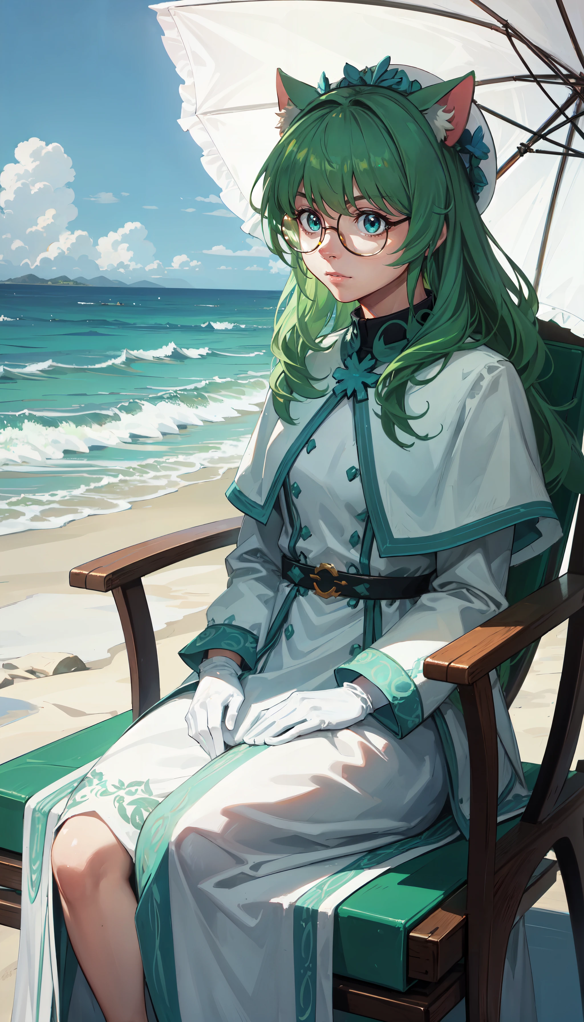 photorealistic, (4k), depth of field, (Masterpiece), (realistic skin texture), extremely detailed, intricate, hyper detailed, professional photography, bokeh, high resolution, sharp detail, best quality, woman, <lora:Cheadle Yorkshire:0.7>, long hair, green hair, round glasses, teal eyes, cat ears, white hat, white dress, capelet, white gloves, <lora:GoodHands-vanilla:0.4>, <lora:detail_slider_v4:0.8> , dynamic pose, (figure four sitting), beach, sand, waves, sunlight, sunbeam, umbrella, full body, lying on beach chair, sunbathing,