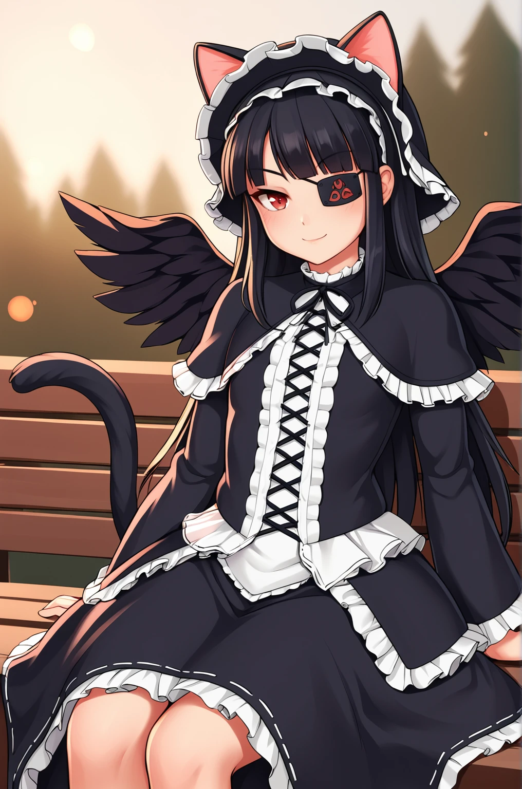 anime artwork, score_9, score_8_up, score_7_up, score_6_up, score_5_up, score_4_up, source_anime, BREAK, thick outline, fat outline,
Mirai_XL, long black hair, eyepatch, red eye, small breasts, BREAK, Mirai_Shinobi, frilled hat with cat ears, dress, frills, capelet, long sleeves, black wings, cat tail, BREAK, outdoors, sitting on a bench, seductive, evening, setting sun, bokeh,
<lora:Mirai_XL:0.7>
<lora:PersonalAmi_PonyXL:1.0>