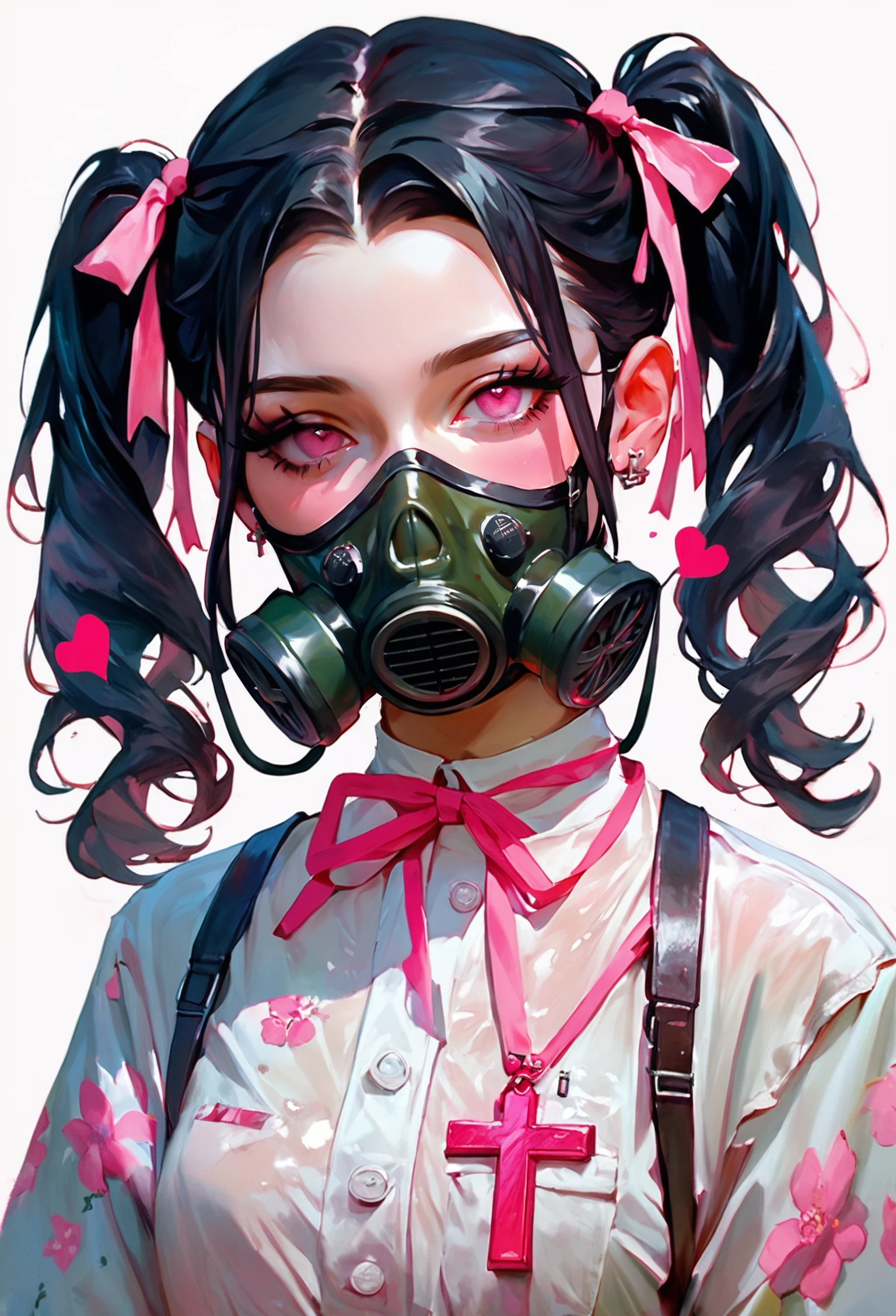 score_9, score_8_up, score_7_up, Very strong style of Vincent van Gogh, oil painting of disease, mine - type, mass - produced type, gas mask, cross, ribbon, heart, slanted eyes, twintails, thick coating, black hair, pink eyes