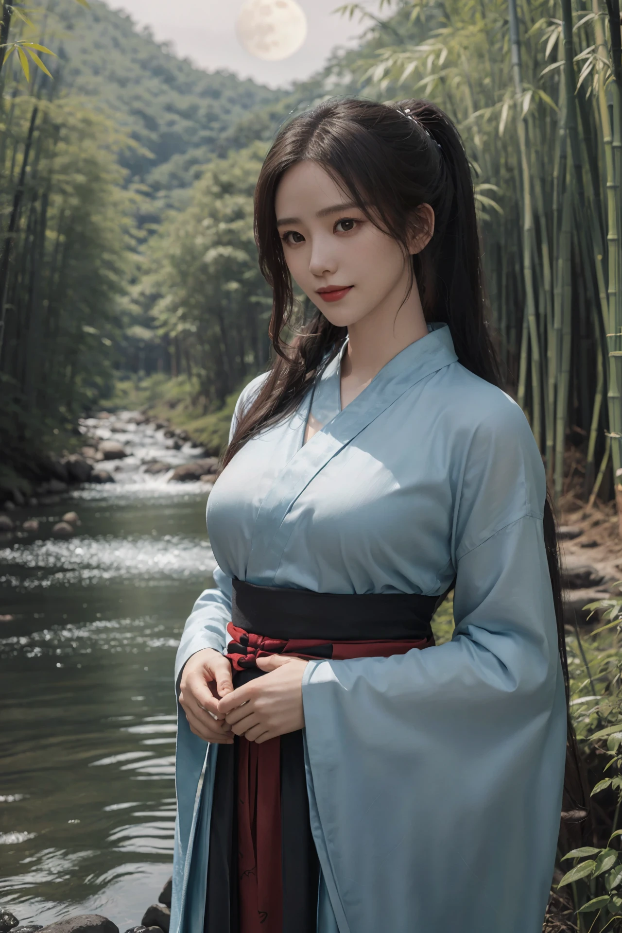 (4k, best quality, highres, absurdres, masterpiece:1.21), (photograph, realistic, photorealistic:1.331), detailed and intricate,
cinematic lighting, (film grain:1.3), panorama, drop shadow, very wide shot,
1girl, long hair, high ponytail, hair ornament,
perfect body, narrow waist, medium breasts, (authestic skin texture:1.21),
lihgt smile, upper body,
hanfu, tang style,
bamboo forest, stream, river, moon, dark,
<lora:girlslike_lss2:0.8>