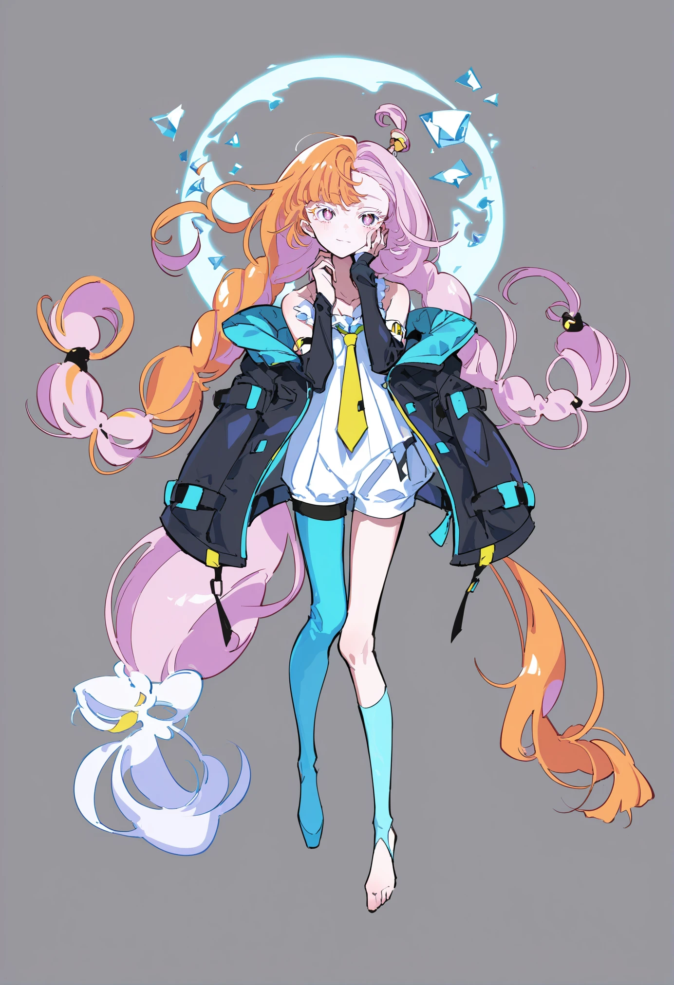 beautiful detailed glow, Floating ice crystals, (ultra-detailed:1.2100000000000002), (illustration:1.2100000000000002), soloï¼girlï¼Dark skinï¼black eyesï¼white hairï¼disheveled hairï¼Loose hairï¼White glossy loose long hairï¼White off shoulder dressï¼barefootï¼, yellow trim, arm at side, looking at viewer, black bulls \(emblem\), multicolored jacket, standing, red eyes, official alternate costume, blunt bangs, blue hood, twin braids, bob cut, multicolored legwear, armlet, expressionless, bare shoulders, asymmetrical bangs, detached sleeves, hand on own neck, blue jacket, full body, wide shot, multicolored clothes, blush, blonde hair, black jacket, very long hair, pink hair, multicolored hair, collarbone, yellow necktie, single sidelock, braid, long hair, colored eyelashes, jacket, orange hair, purple hair, smile, light smile, blunt ends, pink pupils, purple eyes, white sleeves, short necktie, necktie, single hair ring, low-tied long hair, character name,
score_9, score_8_up, score_7_up, score_6_up, (masterpiece:1.2100000000000002), (best quality:1.3310000000000004)
<lora:yoneyamaiXLP6lokrV4236-000119:0.95>